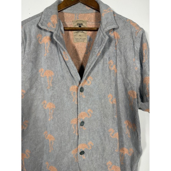 OAS Other - OAS Mens XL Flamingo Terry Cotton Shirt Grey Peach Short Sleeve Button Down